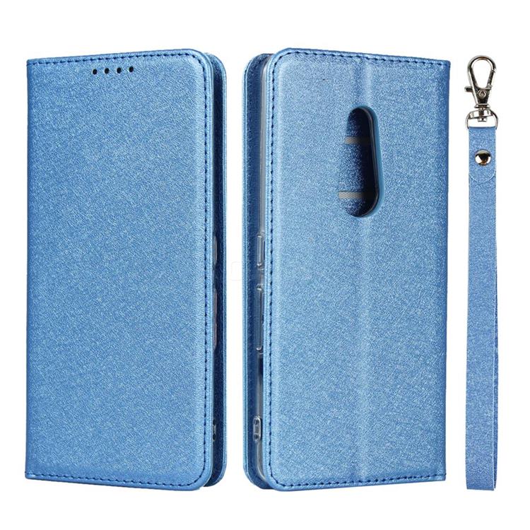 Ultra Slim Magnetic Automatic Suction Silk Lanyard Leather Flip Cover for FUJITSU Docomo Arrows Be4 F-41A - Sky Blue