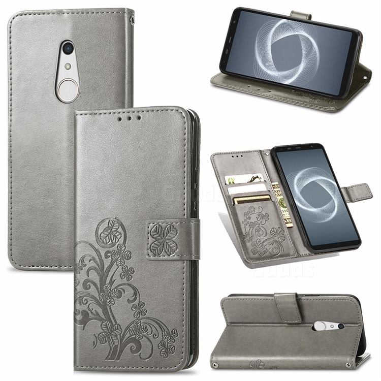 Embossing Imprint Four-Leaf Clover Leather Wallet Case for FUJITSU Docomo Arrows Be4 Plus F-41B - Grey