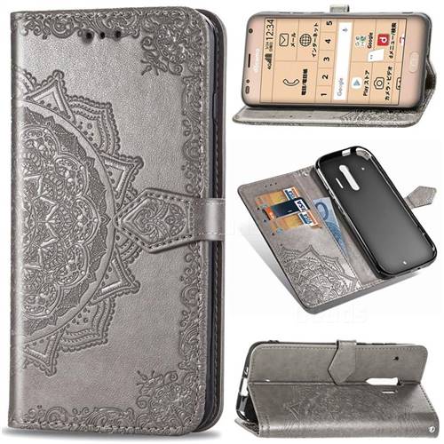 Embossing Imprint Mandala Flower Leather Wallet Case for Docomo Raku-Raku Phone Me(F-01L) - Gray