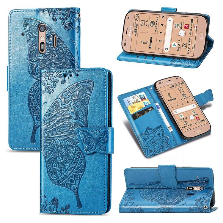 Embossing Mandala Flower Butterfly Leather Wallet Case for Docomo Raku-Raku Phone Me(F-01L) - Blue