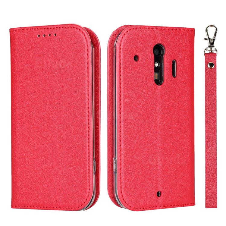 Ultra Slim Magnetic Automatic Suction Silk Lanyard Leather Flip Cover for Docomo Raku-Raku Phone Me(F-01L) - Red