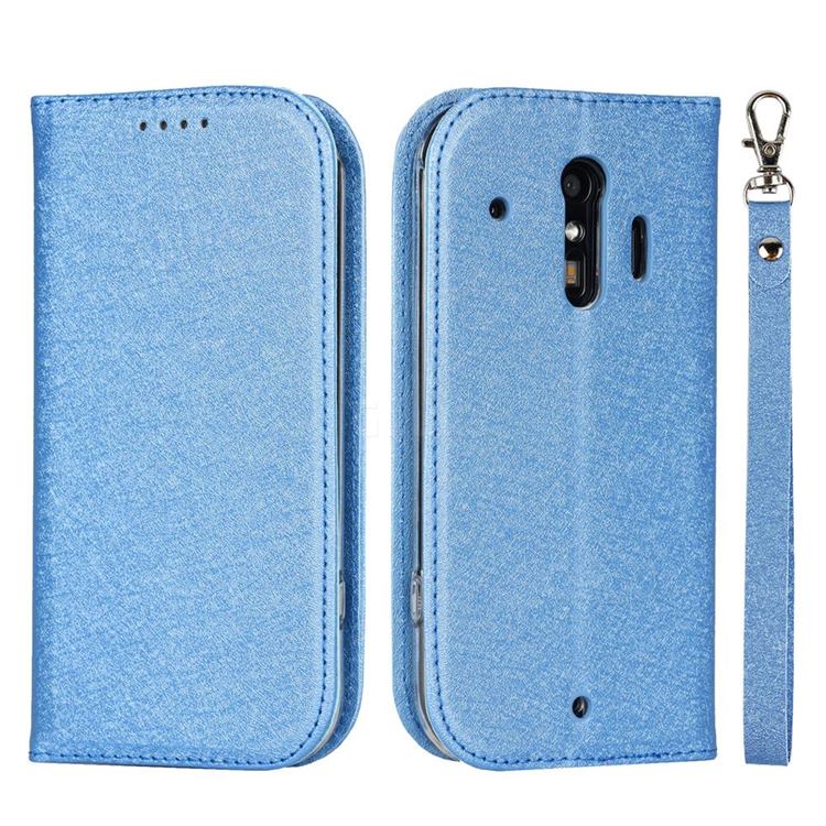 Ultra Slim Magnetic Automatic Suction Silk Lanyard Leather Flip Cover for Docomo Raku-Raku Phone Me(F-01L) - Sky Blue