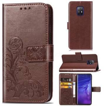 Embossing Imprint Four-Leaf Clover Leather Wallet Case for FUJITSU Docomo Arrows 5G F-51A - Brown