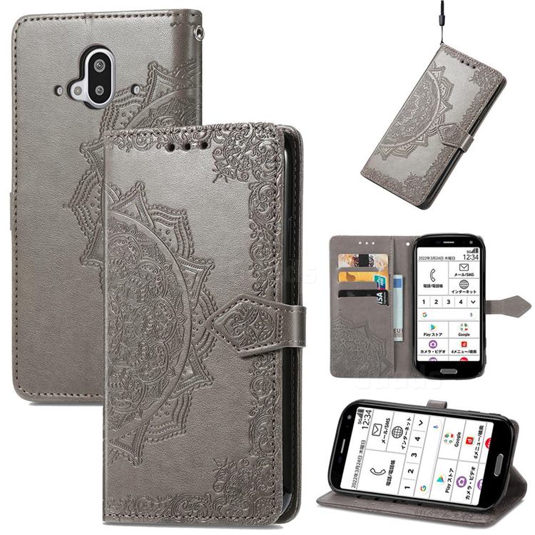 Embossing Imprint Mandala Flower Leather Wallet Case for Docomo Easy Smartphone F-52B - Gray