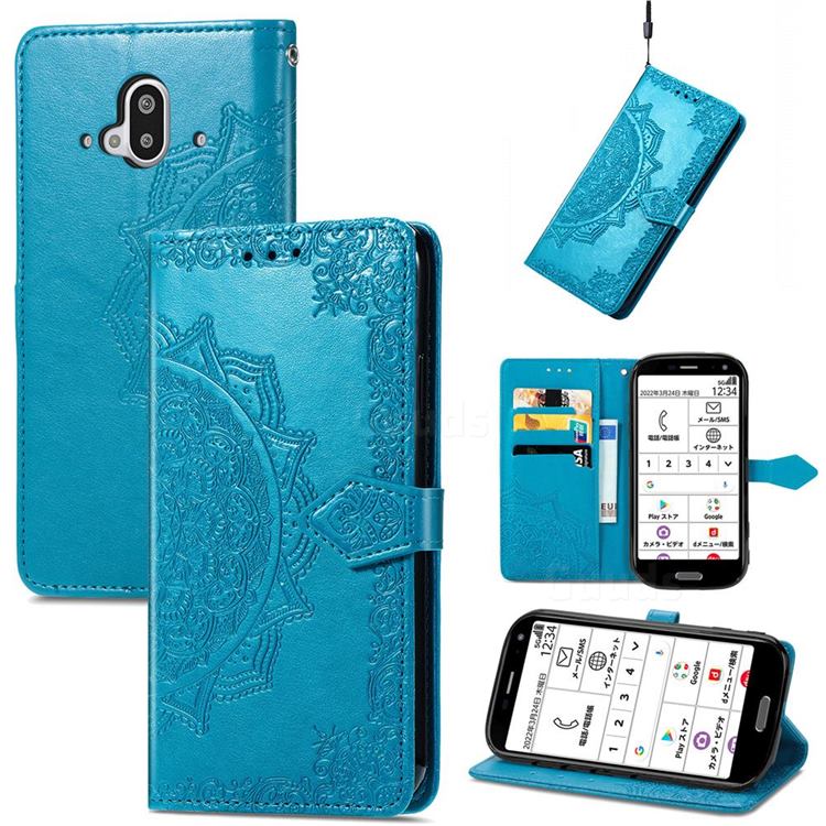 Embossing Imprint Mandala Flower Leather Wallet Case for Docomo Easy Smartphone F-52B - Blue