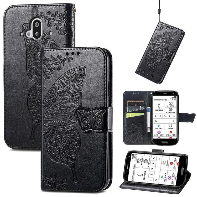 Embossing Mandala Flower Butterfly Leather Wallet Case for Docomo Easy Smartphone F-52B - Black