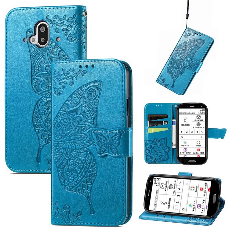 Embossing Mandala Flower Butterfly Leather Wallet Case for Docomo Easy Smartphone F-52B - Blue