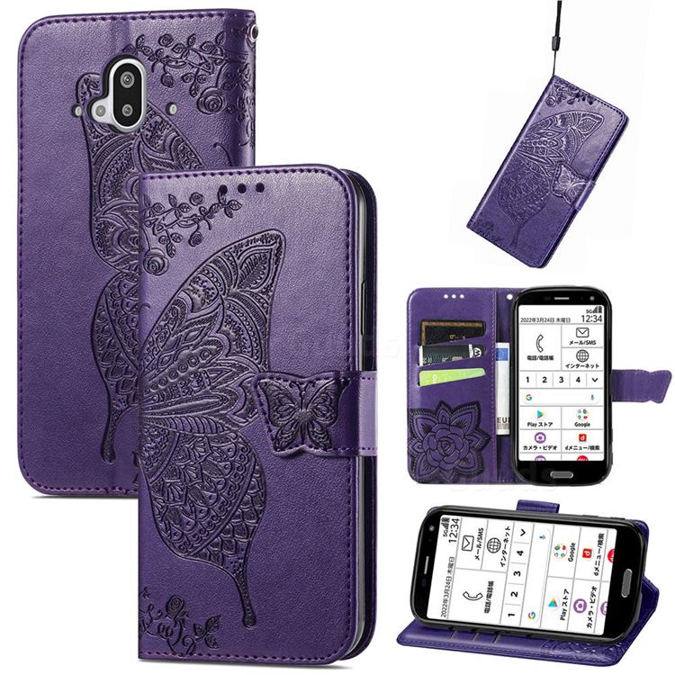 Embossing Mandala Flower Butterfly Leather Wallet Case for Docomo Easy Smartphone F-52B - Dark Purple