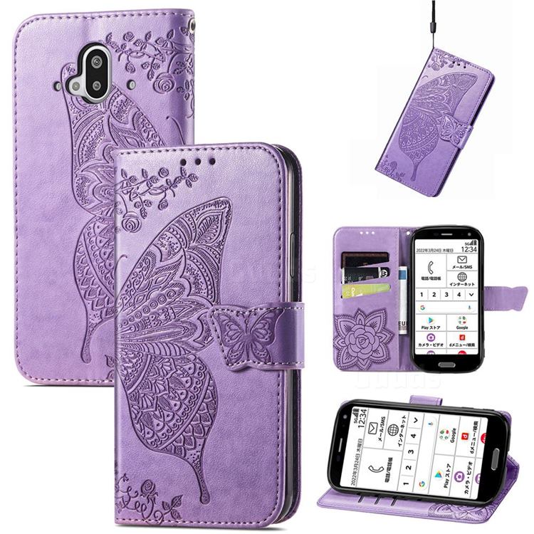 Embossing Mandala Flower Butterfly Leather Wallet Case for Docomo Easy Smartphone F-52B - Light Purple