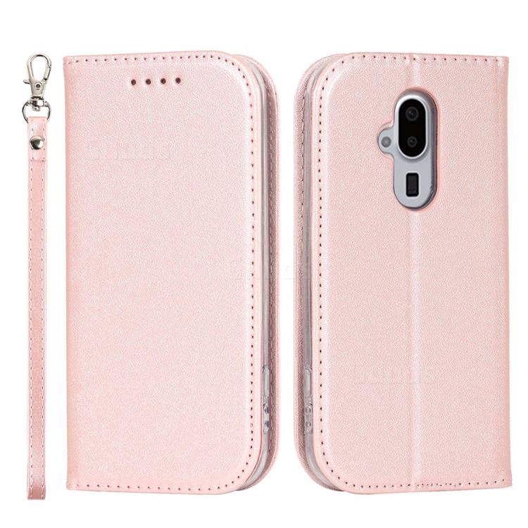 Ultra Slim Magnetic Automatic Suction Silk Lanyard Leather Flip Cover for Docomo Easy Smartphone F-52B - Rose Gold