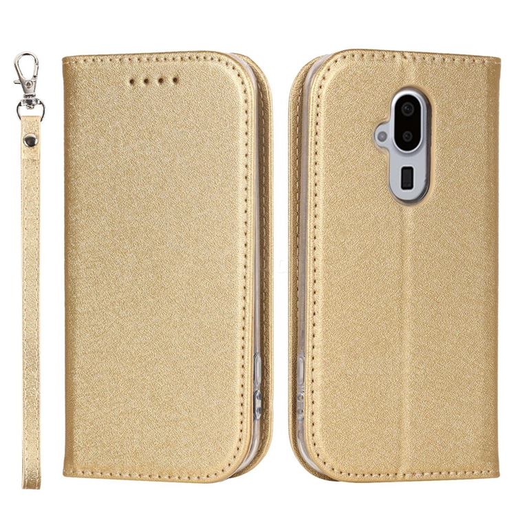 Ultra Slim Magnetic Automatic Suction Silk Lanyard Leather Flip Cover for Docomo Easy Smartphone F-52B - Golden