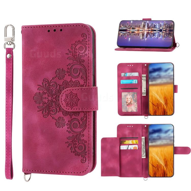 Skin Feel Embossed Lace Flower Multiple Card Slots Leather Wallet Phone Case for Docomo Easy Smartphone F-52B - Claret Red
