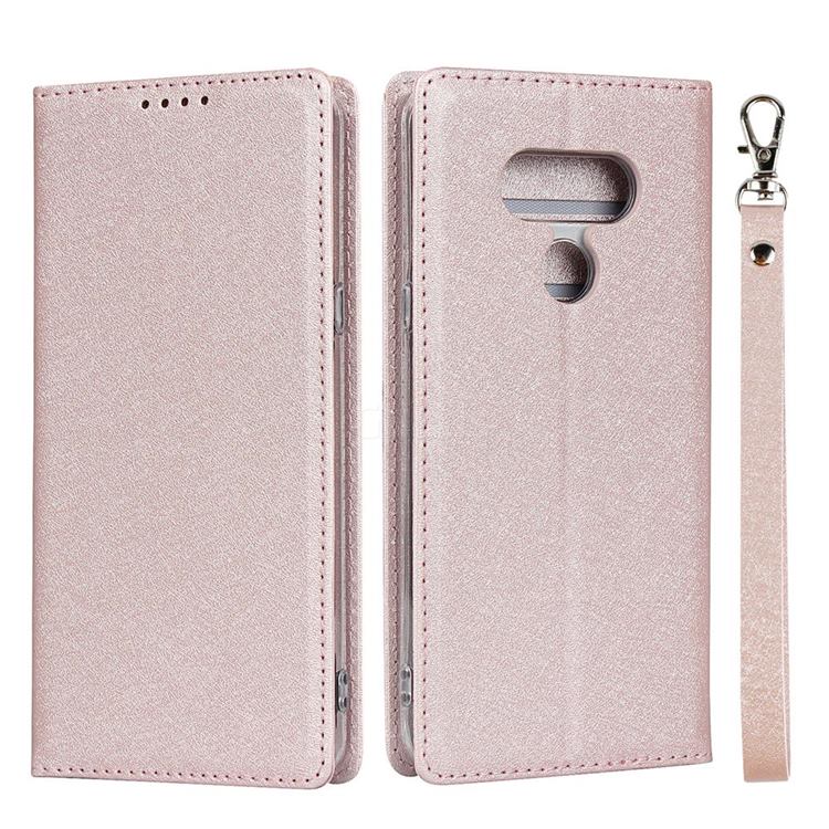 Ultra Slim Magnetic Automatic Suction Silk Lanyard Leather Flip Cover for LG style3 L-41A (Docomo) - Rose Gold