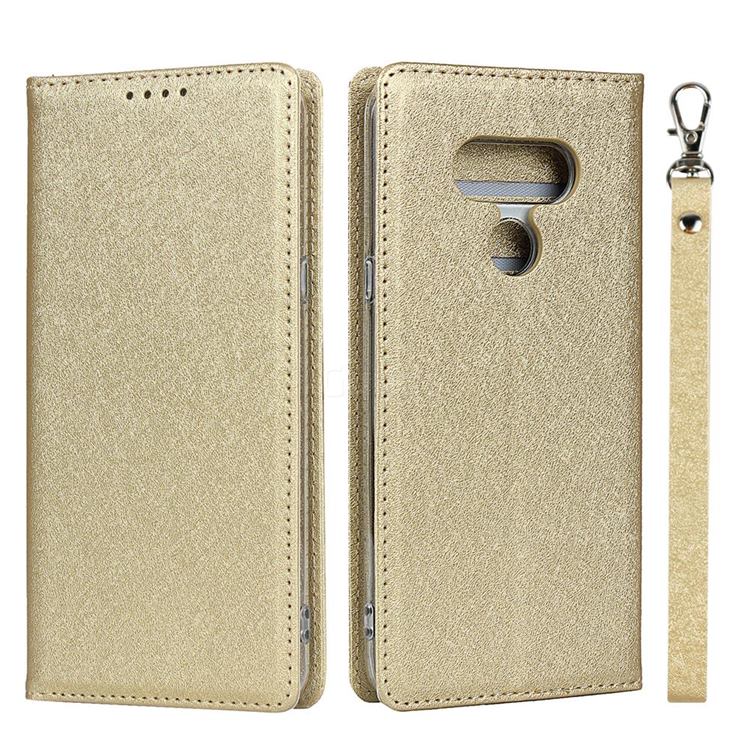 Ultra Slim Magnetic Automatic Suction Silk Lanyard Leather Flip Cover for LG style3 L-41A (Docomo) - Golden