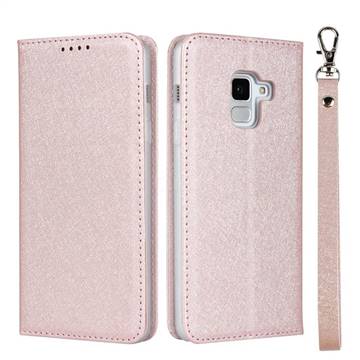 Ultra Slim Magnetic Automatic Suction Silk Lanyard Leather Flip Cover for Docomo Galaxy Feel2 SC-02L - Rose Gold