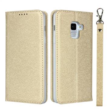 Ultra Slim Magnetic Automatic Suction Silk Lanyard Leather Flip Cover for Docomo Galaxy Feel2 SC-02L - Golden