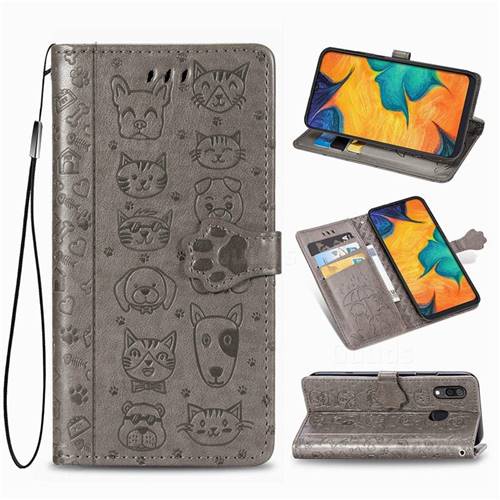 Embossing Dog Paw Kitten and Puppy Leather Wallet Case for Docomo Galaxy A20 (Japanese version, SC-02M, UQ) - Gray