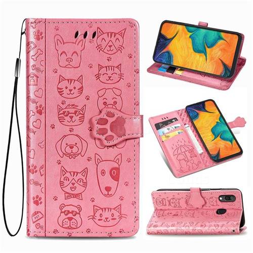 Embossing Dog Paw Kitten and Puppy Leather Wallet Case for Docomo Galaxy A20 (Japanese version, SC-02M, UQ) - Pink