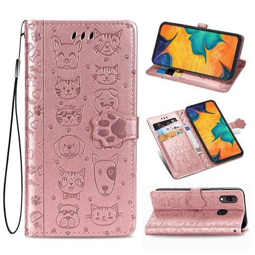 Embossing Dog Paw Kitten and Puppy Leather Wallet Case for Docomo Galaxy A20 (Japanese version, SC-02M, UQ) - Rose Gold