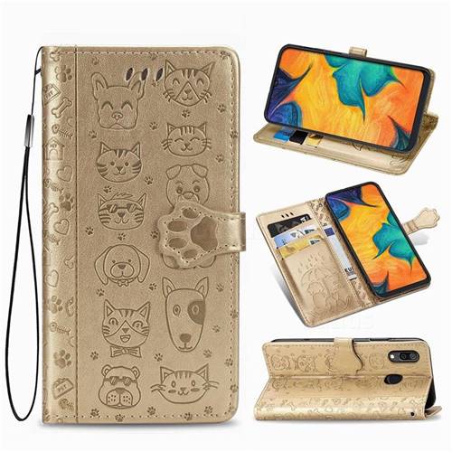 Embossing Dog Paw Kitten and Puppy Leather Wallet Case for Docomo Galaxy A20 (Japanese version, SC-02M, UQ) - Champagne Gold