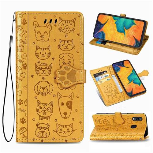 Embossing Dog Paw Kitten and Puppy Leather Wallet Case for Docomo Galaxy A20 (Japanese version, SC-02M, UQ) - Yellow