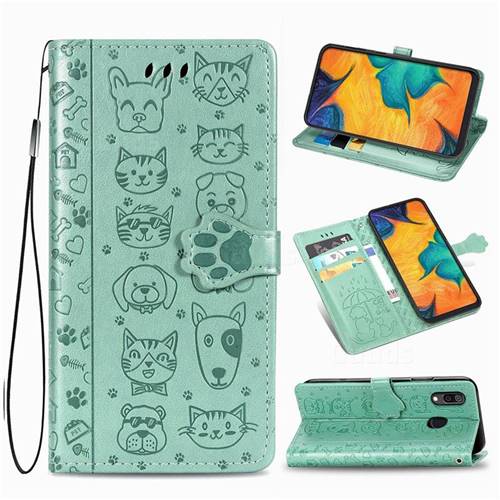 Embossing Dog Paw Kitten and Puppy Leather Wallet Case for Docomo Galaxy A20 (Japanese version, SC-02M, UQ) - Green