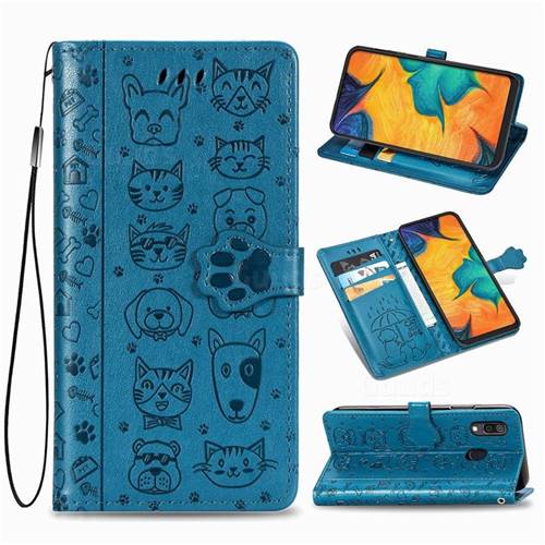 Embossing Dog Paw Kitten and Puppy Leather Wallet Case for Docomo Galaxy A20 (Japanese version, SC-02M, UQ) - Blue
