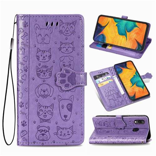 Embossing Dog Paw Kitten and Puppy Leather Wallet Case for Docomo Galaxy A20 (Japanese version, SC-02M, UQ) - Purple