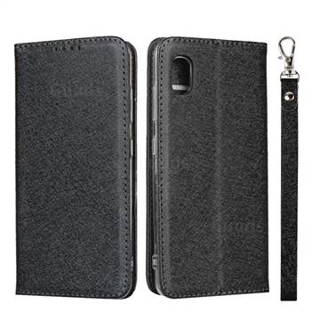 Ultra Slim Magnetic Automatic Suction Silk Lanyard Leather Flip Cover for Docomo Galaxy A20 (Japanese version, SC-02M, UQ) - Black