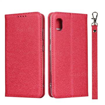 Ultra Slim Magnetic Automatic Suction Silk Lanyard Leather Flip Cover for Docomo Galaxy A20 (Japanese version, SC-02M, UQ) - Red