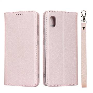 Ultra Slim Magnetic Automatic Suction Silk Lanyard Leather Flip Cover for Docomo Galaxy A20 (Japanese version, SC-02M, UQ) - Rose Gold