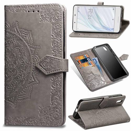 Embossing Imprint Mandala Flower Leather Wallet Case for Sharp AQUOS sense SH-01K / SHV40 - Gray