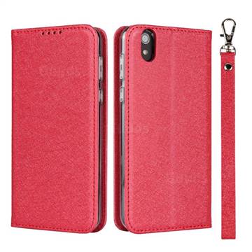 Ultra Slim Magnetic Automatic Suction Silk Lanyard Leather Flip Cover for Sharp AQUOS sense SH-01K / SHV40 - Red
