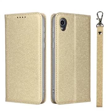 Ultra Slim Magnetic Automatic Suction Silk Lanyard Leather Flip Cover for Sharp AQUOS sense2 SH-01L SHV43 - Golden