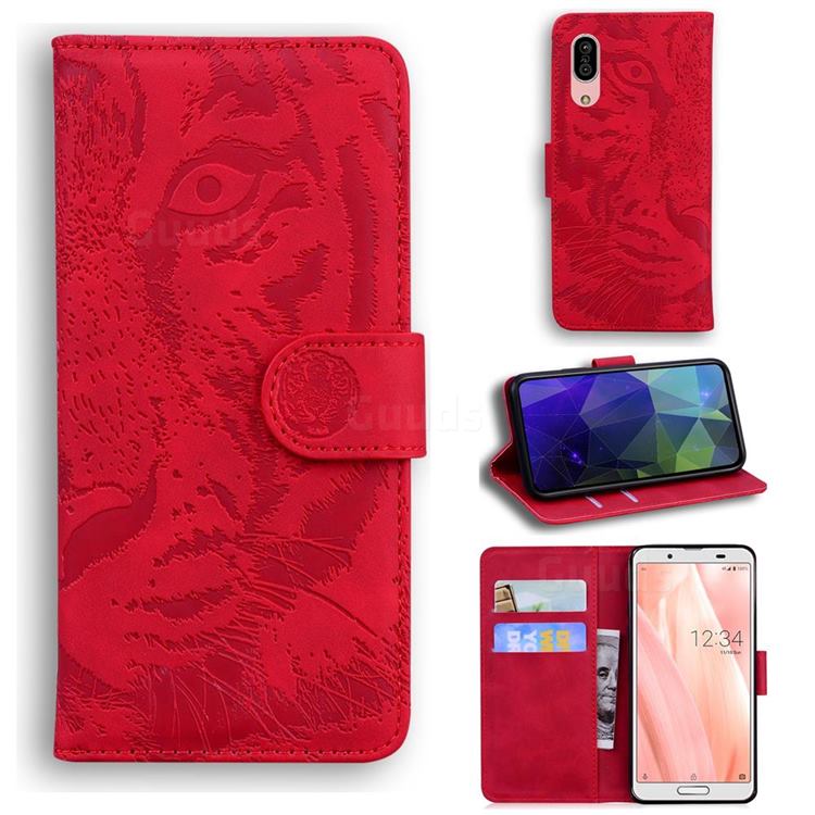 Intricate Embossing Tiger Face Leather Wallet Case for Sharp AQUOS sense3 SH-02M SHV45 - Red
