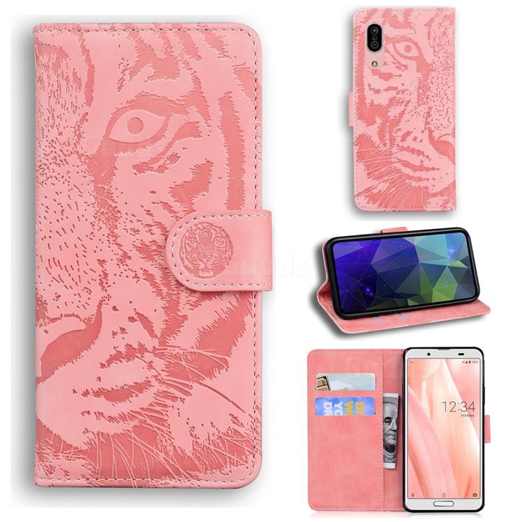 Intricate Embossing Tiger Face Leather Wallet Case for Sharp AQUOS sense3 SH-02M SHV45 - Pink