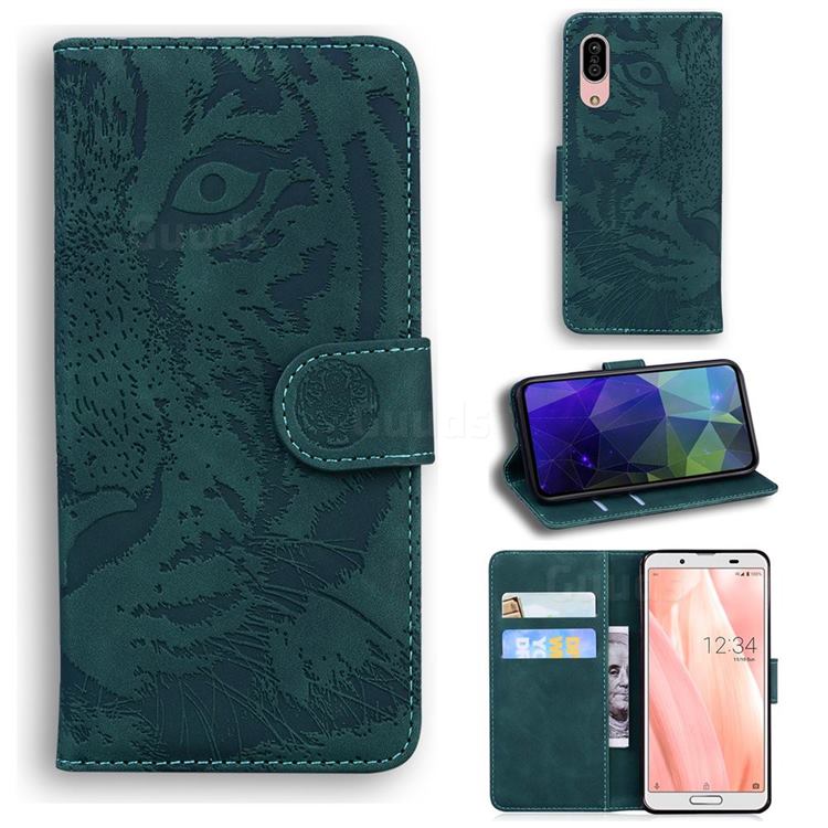 Intricate Embossing Tiger Face Leather Wallet Case for Sharp AQUOS sense3 SH-02M SHV45 - Green