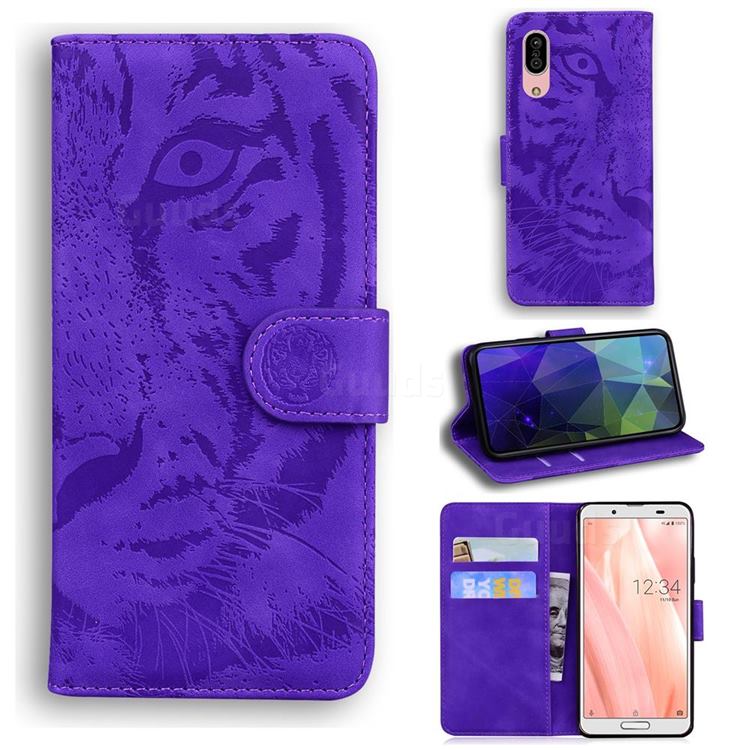 Intricate Embossing Tiger Face Leather Wallet Case for Sharp AQUOS sense3 SH-02M SHV45 - Purple