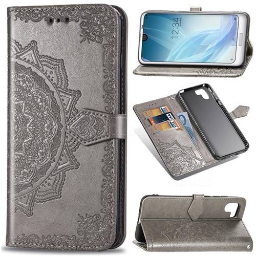 Embossing Imprint Mandala Flower Leather Wallet Case for Sharp AQUOS R2 SH-03K SHV42 - Gray