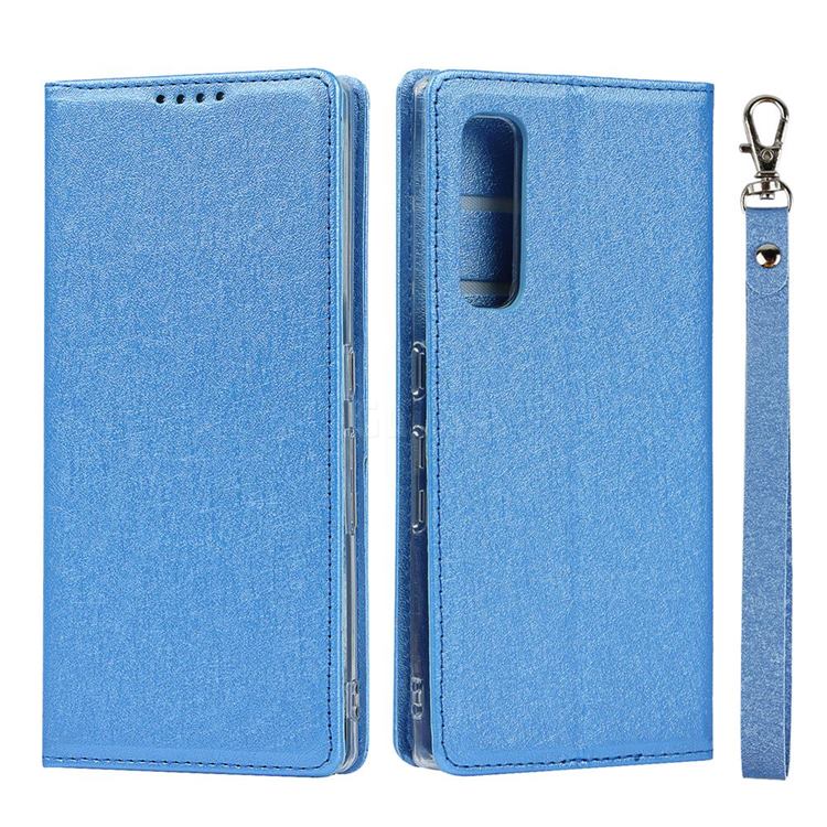 Ultra Slim Magnetic Automatic Suction Silk Lanyard Leather Flip Cover for Fujitsu Arrows NX9 F-52A - Sky Blue