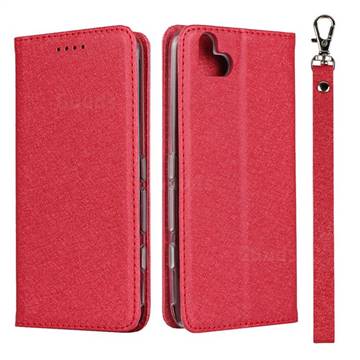 Ultra Slim Magnetic Automatic Suction Silk Lanyard Leather Flip Cover for FUJITSU Arrows U SoftBank - Red