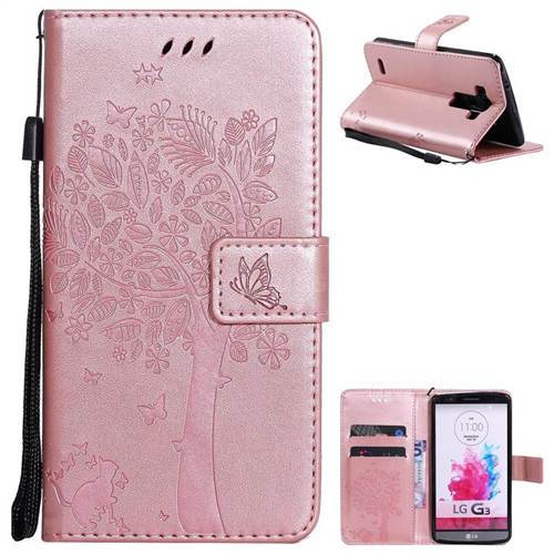 Embossing Butterfly Tree Leather Wallet Case for LG G3 D850 D855 LS990 - Rose Pink