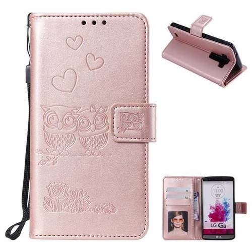 Embossing Owl Couple Flower Leather Wallet Case for LG G3 D850 D855 LS990 - Rose Gold