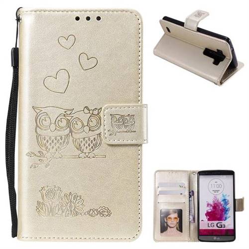 Embossing Owl Couple Flower Leather Wallet Case for LG G3 D850 D855 LS990 - Golden