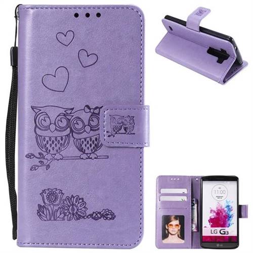 Embossing Owl Couple Flower Leather Wallet Case for LG G3 D850 D855 LS990 - Purple