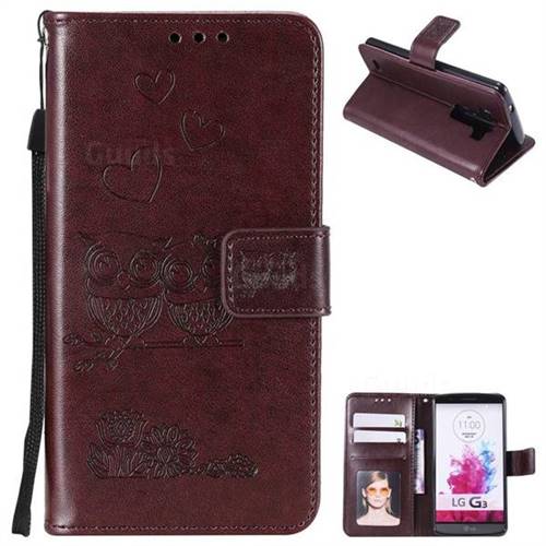 Embossing Owl Couple Flower Leather Wallet Case for LG G3 D850 D855 LS990 - Brown