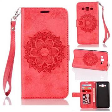 Embossing Retro Matte Mandala Flower Leather Wallet Case for Samsung Galaxy Core Prime G360 - Red