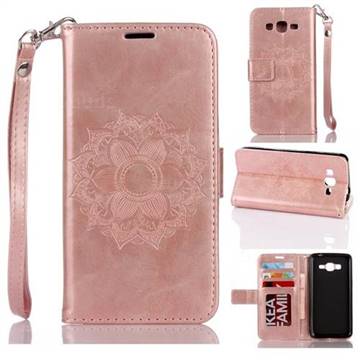 Embossing Retro Matte Mandala Flower Leather Wallet Case for Samsung Galaxy Core Prime G360 - Rose Gold