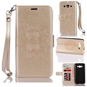 Embossing Retro Matte Mandala Flower Leather Wallet Case for Samsung Galaxy Core Prime G360 - Golden
