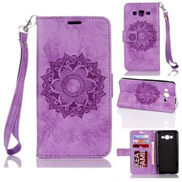 Embossing Retro Matte Mandala Flower Leather Wallet Case for Samsung Galaxy Core Prime G360 - Purple